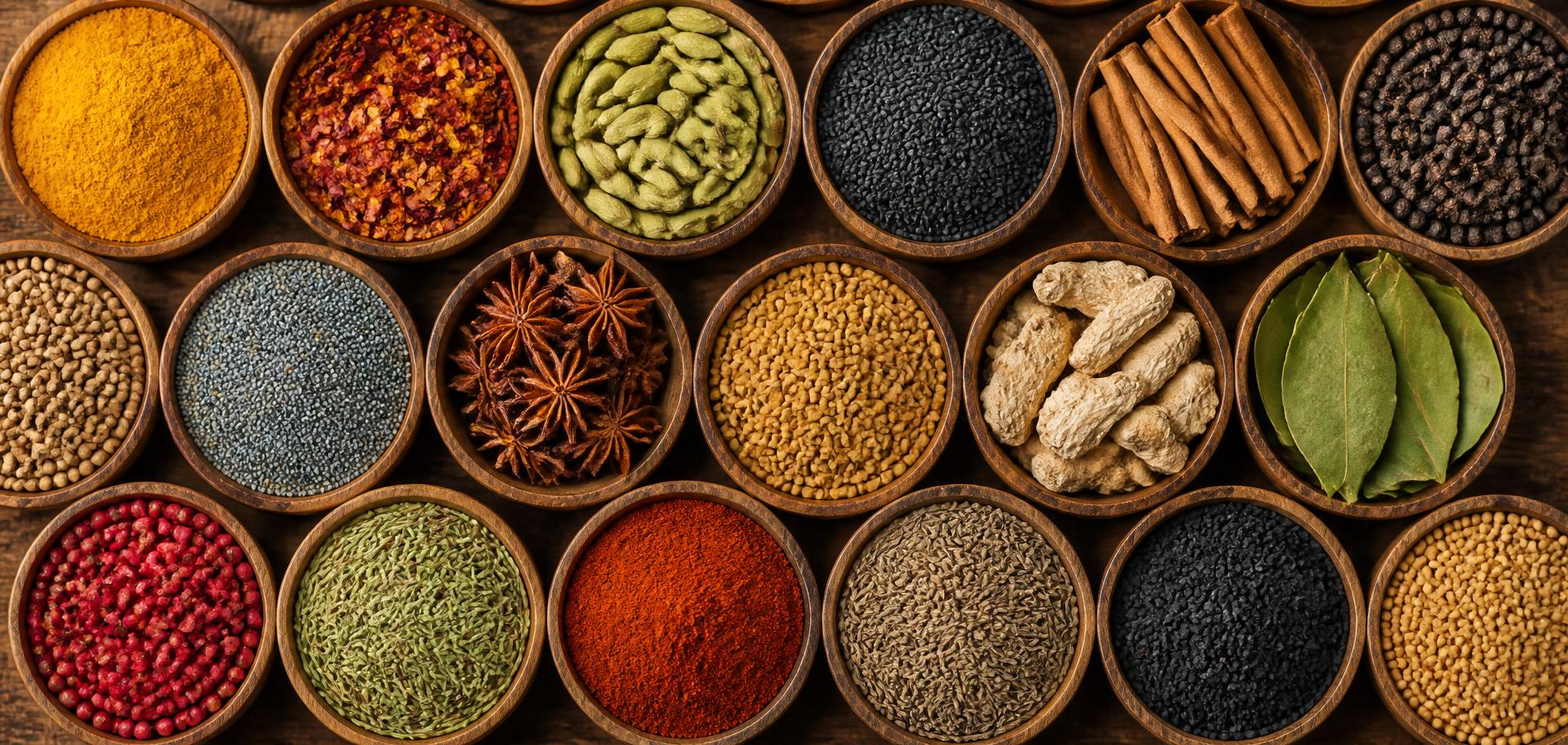 Wooden bowls filled with colorful spices and herbs